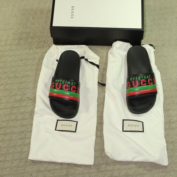 Gucci Unisex Men's 5.5 / Women's 7 Black Rubber Slides with Gucci Stripes - Picture 1 of 16